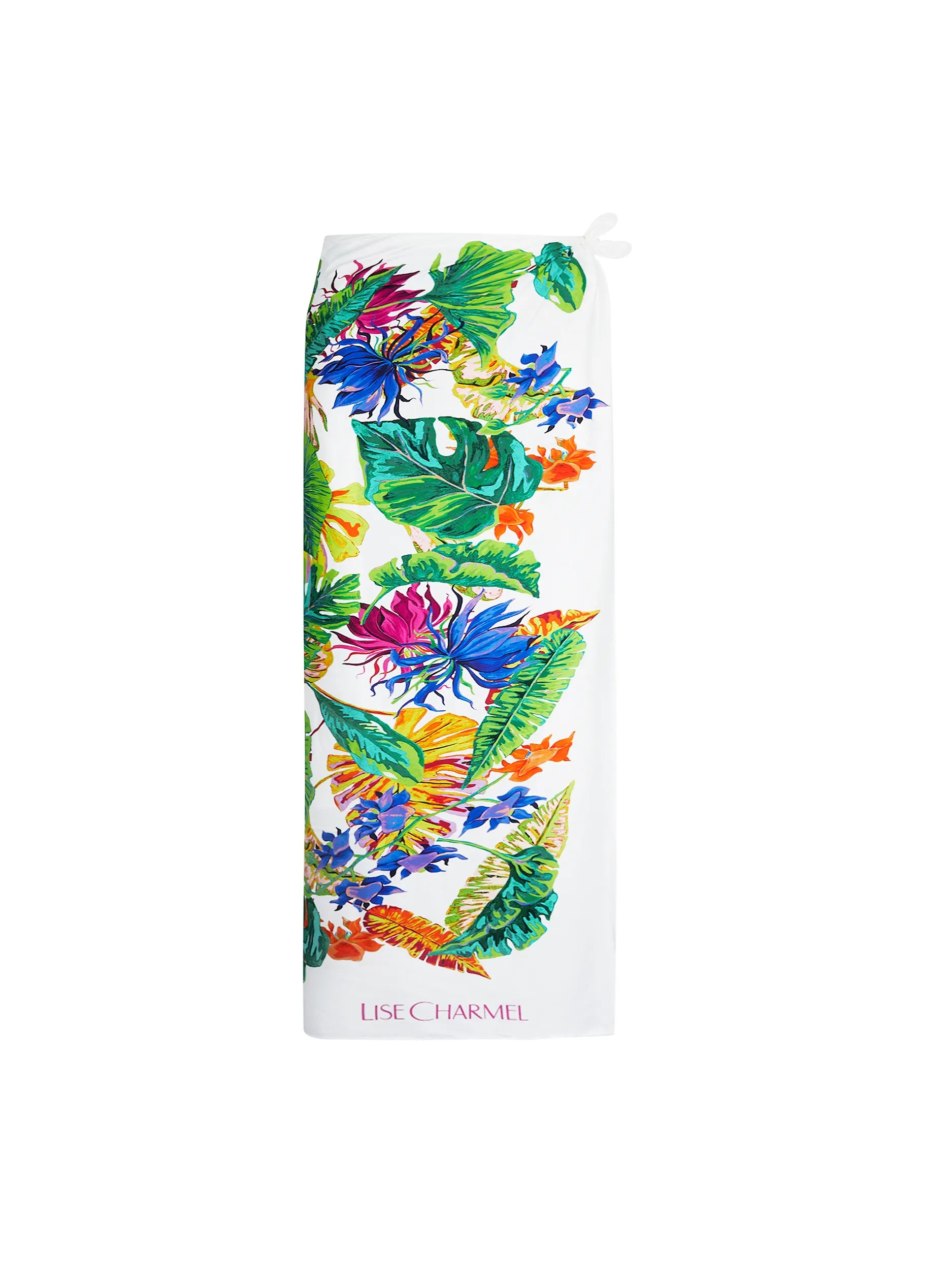 Long white sarong with multicolor tropical print