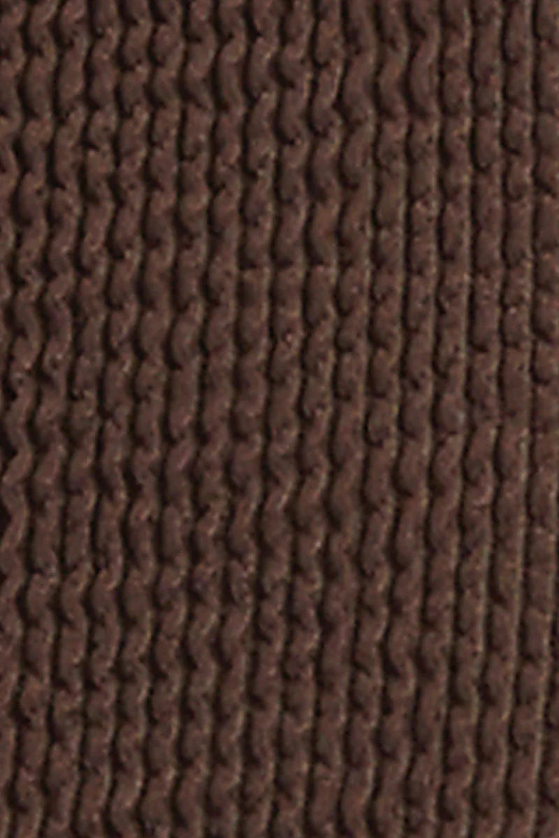 One size one piece with an open back, front cutout, and adjustable triangle cups in Chocolate Brown.