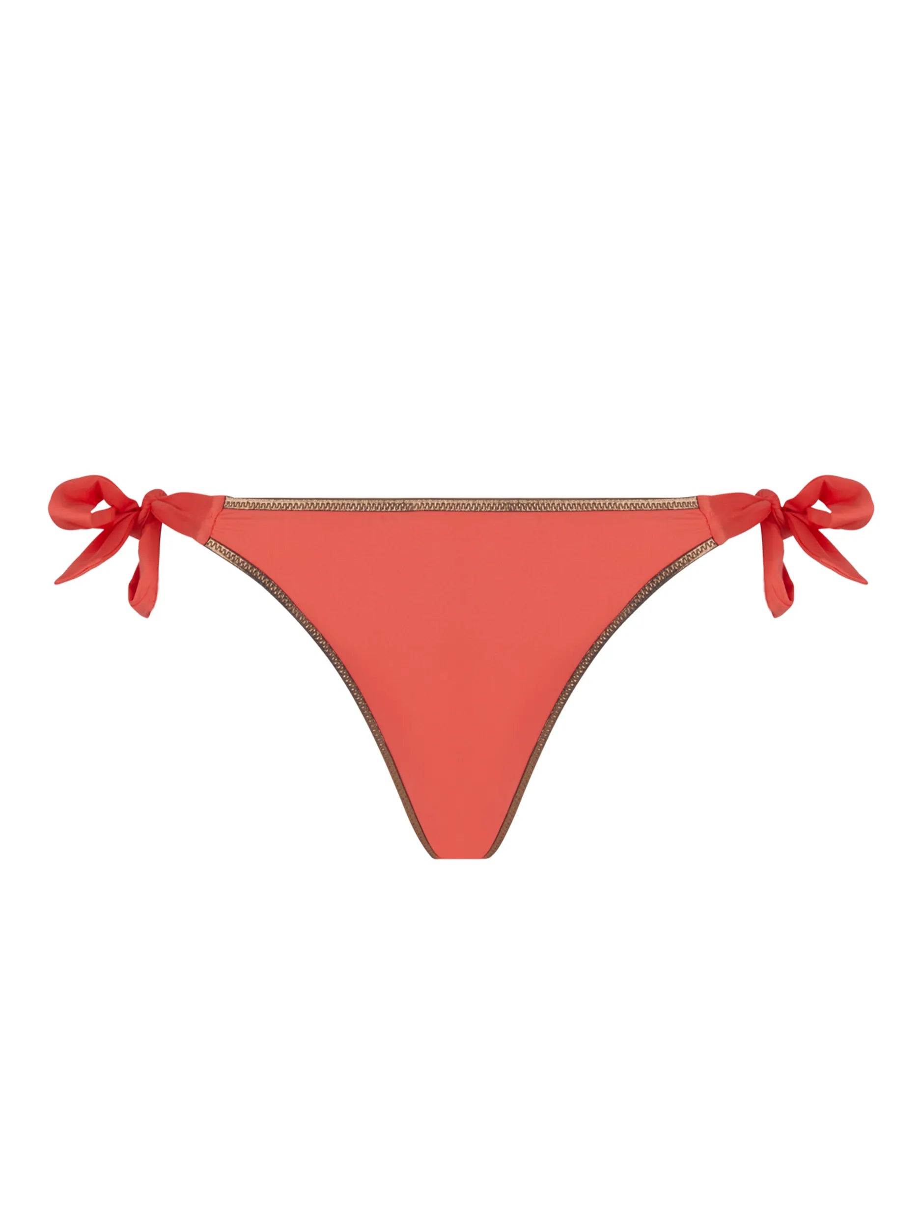 Tie side bikini bottoms with bronze trim