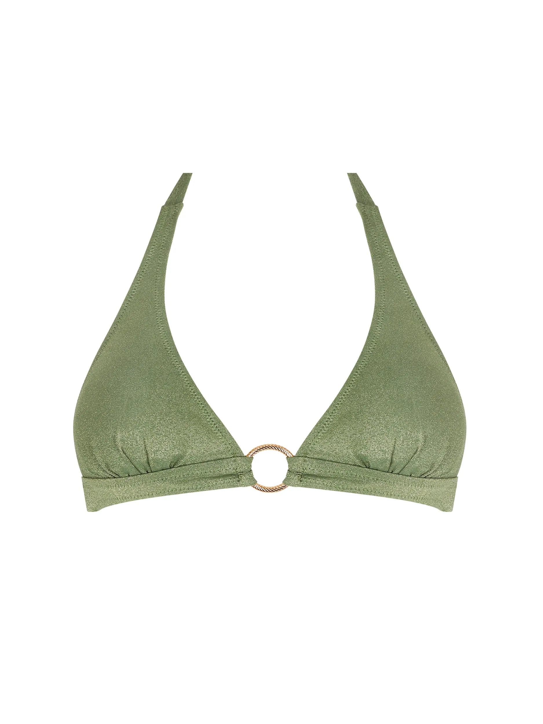 Shimmery fixed triangle top with halter ties and a gold ring in front