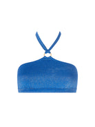 Shimmery high neck top with front ring detail in blue