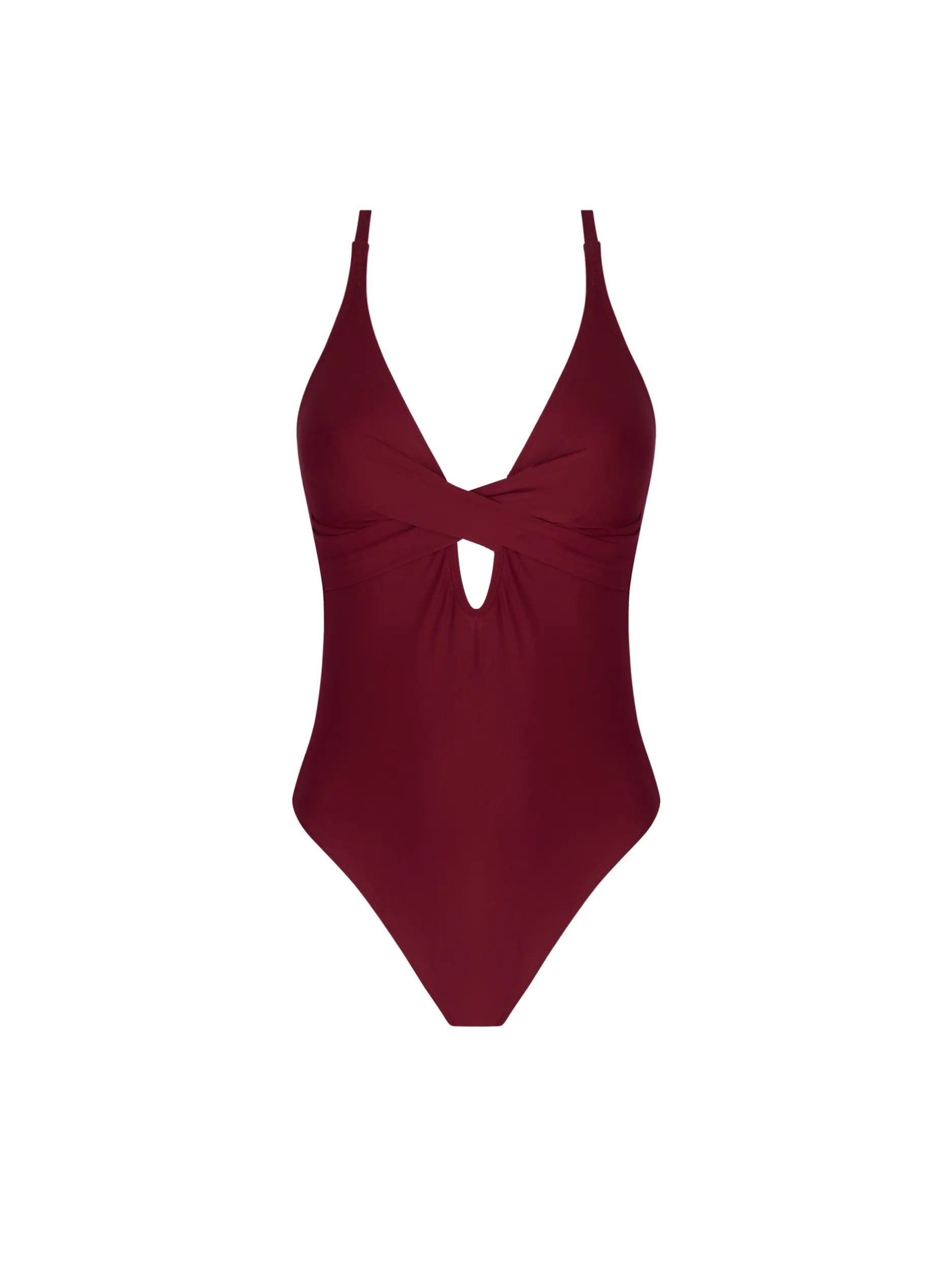 One piece with plunging neckline and a low back in burgundy
