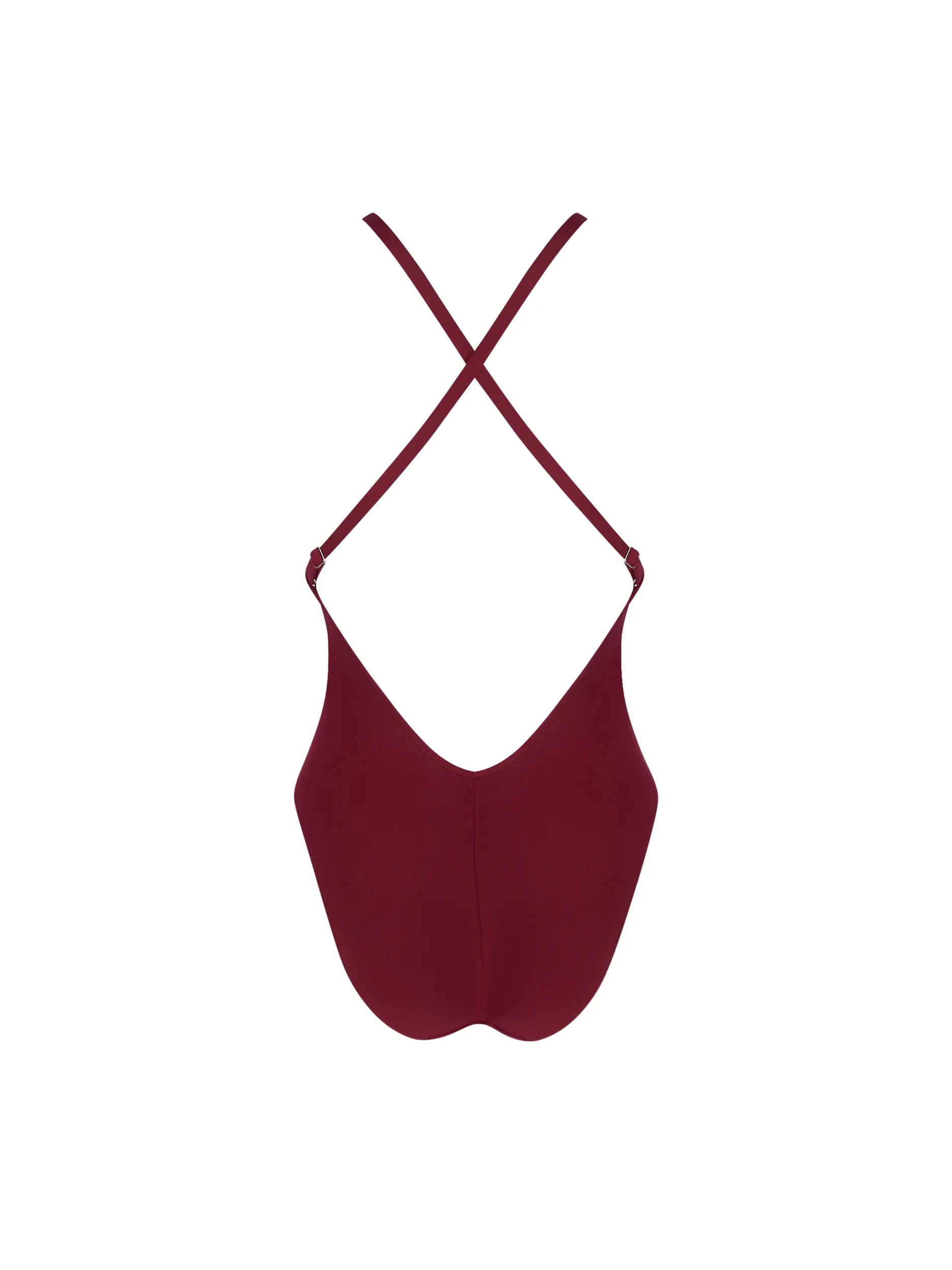 One piece with plunging neckline and a low back in burgundy
