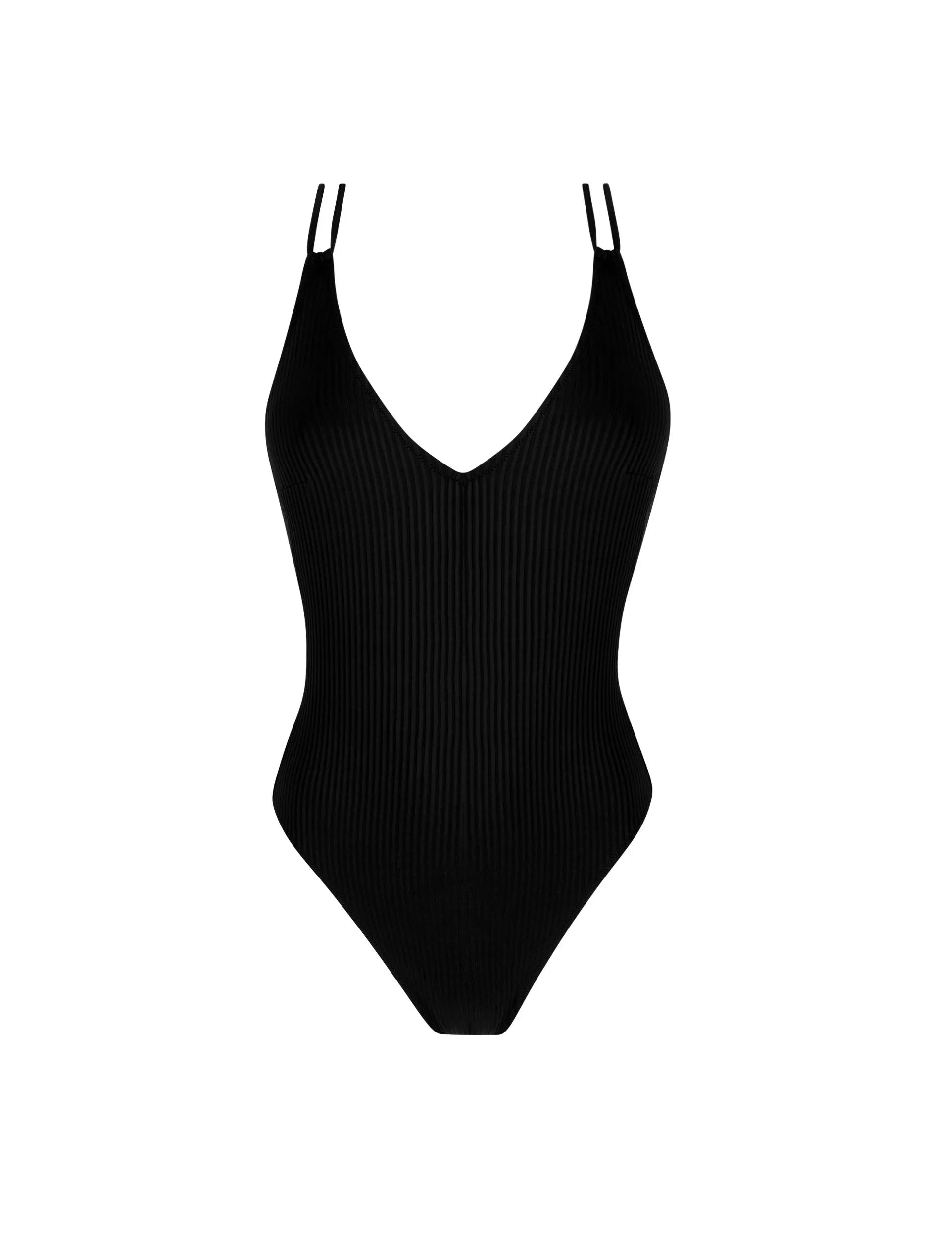 Ribbed one piece with a v-neck and double shoulder straps in Black