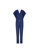 Ribbed jumpsuit with short sleeves and a plunging neckline in dark blue