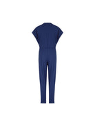 Ribbed jumpsuit with short sleeves and a plunging neckline in dark blue