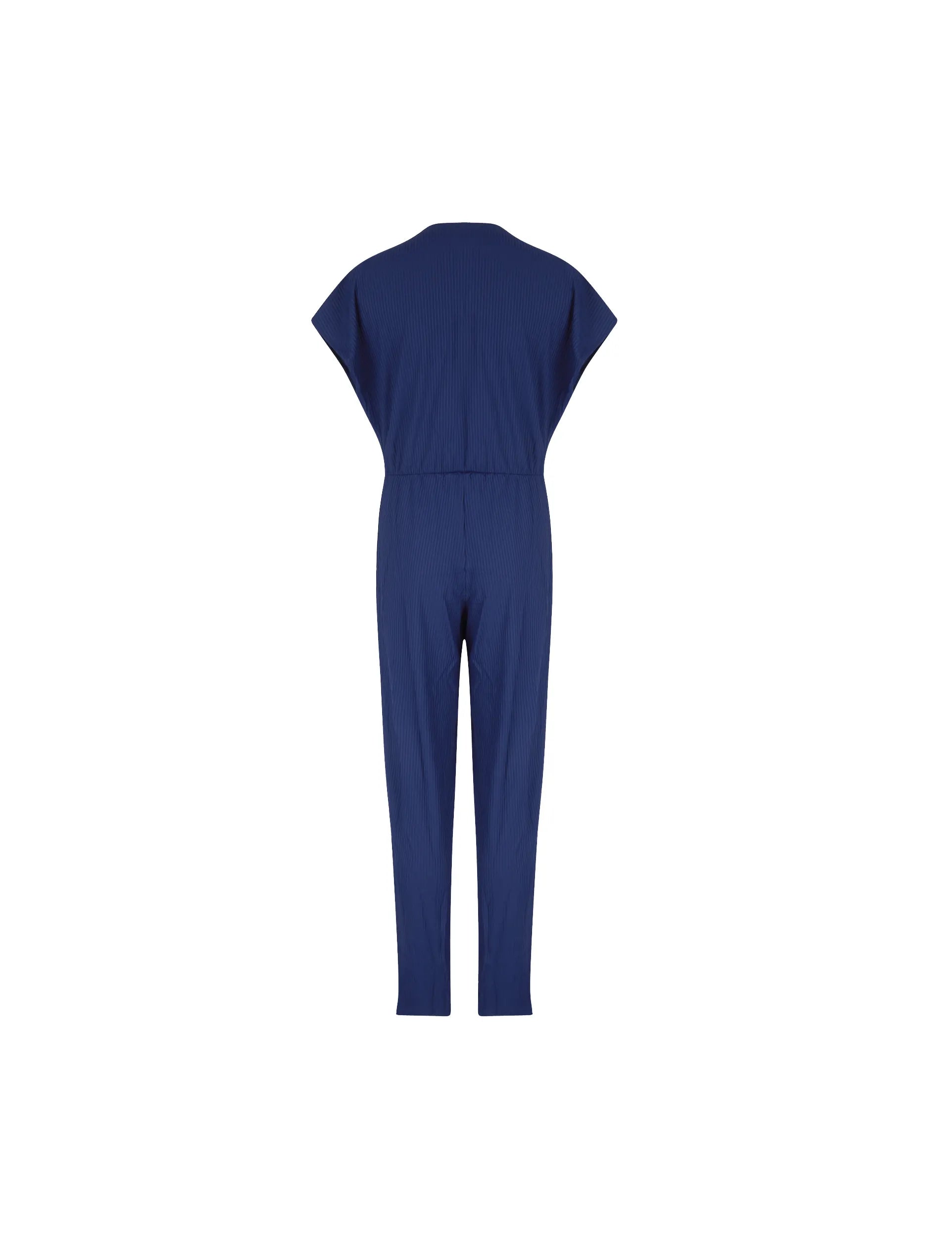 Ribbed jumpsuit with short sleeves and a plunging neckline in dark blue