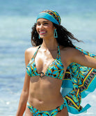 Adjustable triangle top with decorative front ring in multicolor print