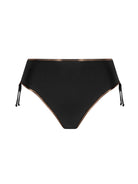 Black high waist bikini bottom with tie sides and bronze trim