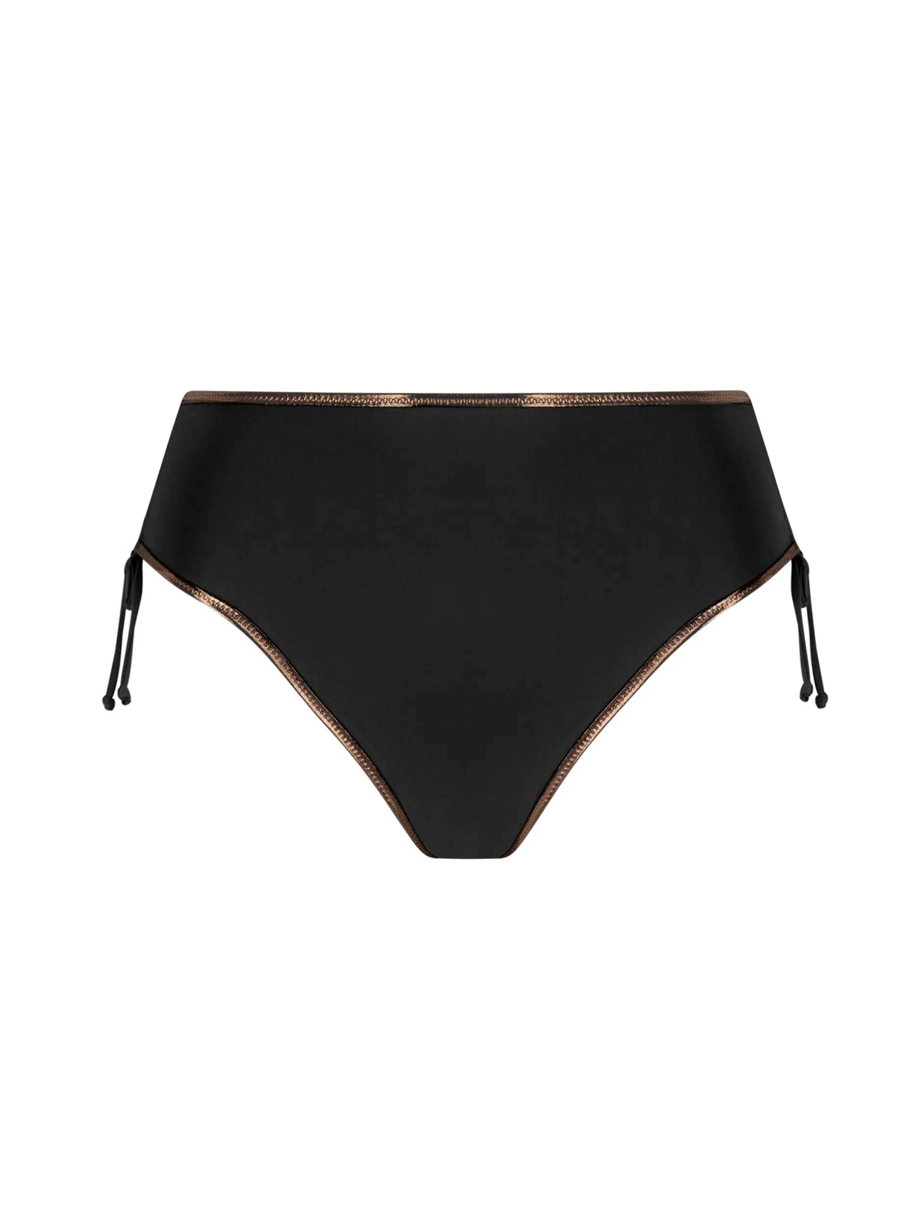Black high waist bikini bottom with tie sides and bronze trim