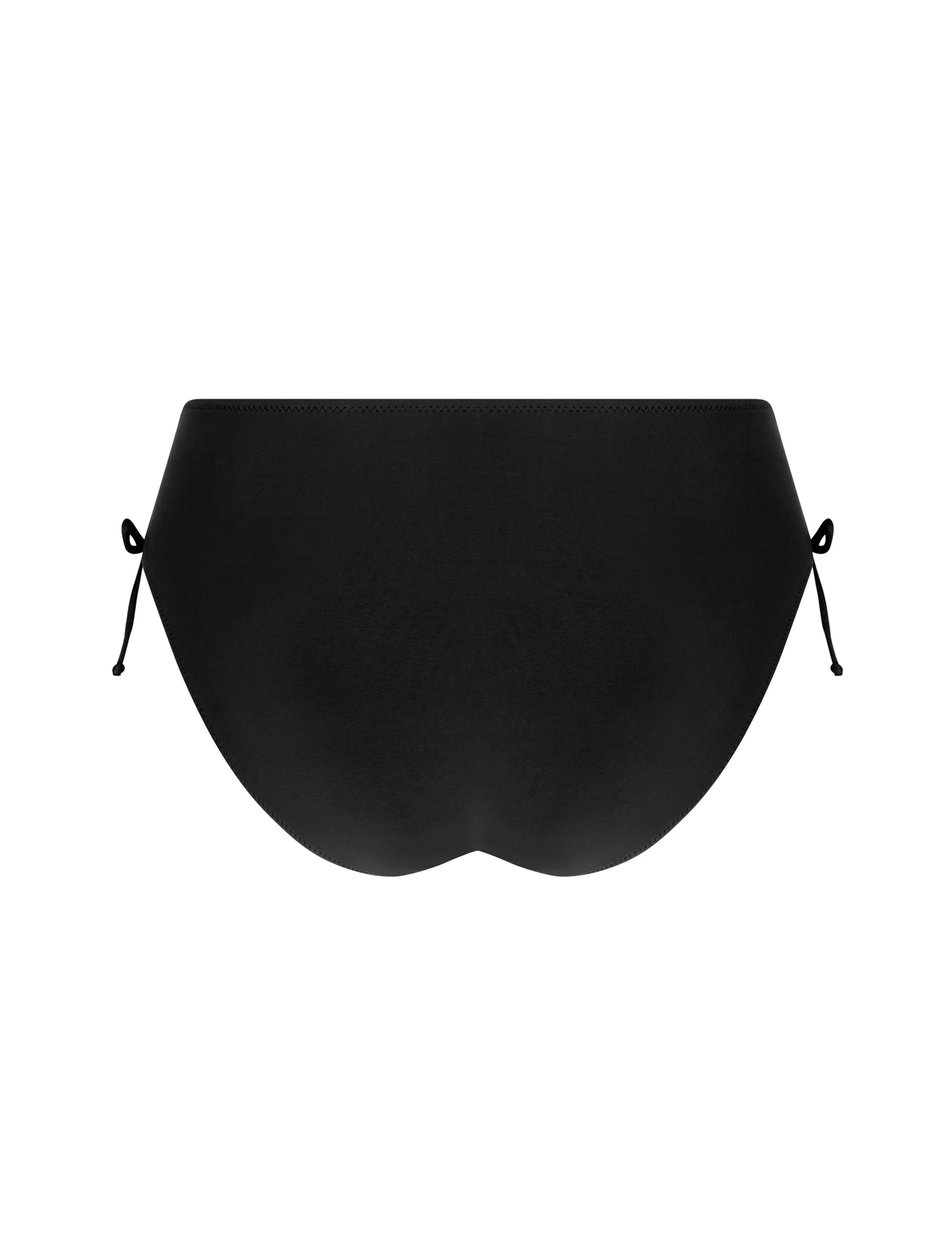 Black high waist bikini bottom with tie sides and bronze trim