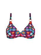 Ring front underwire top in multicolor polka dot print