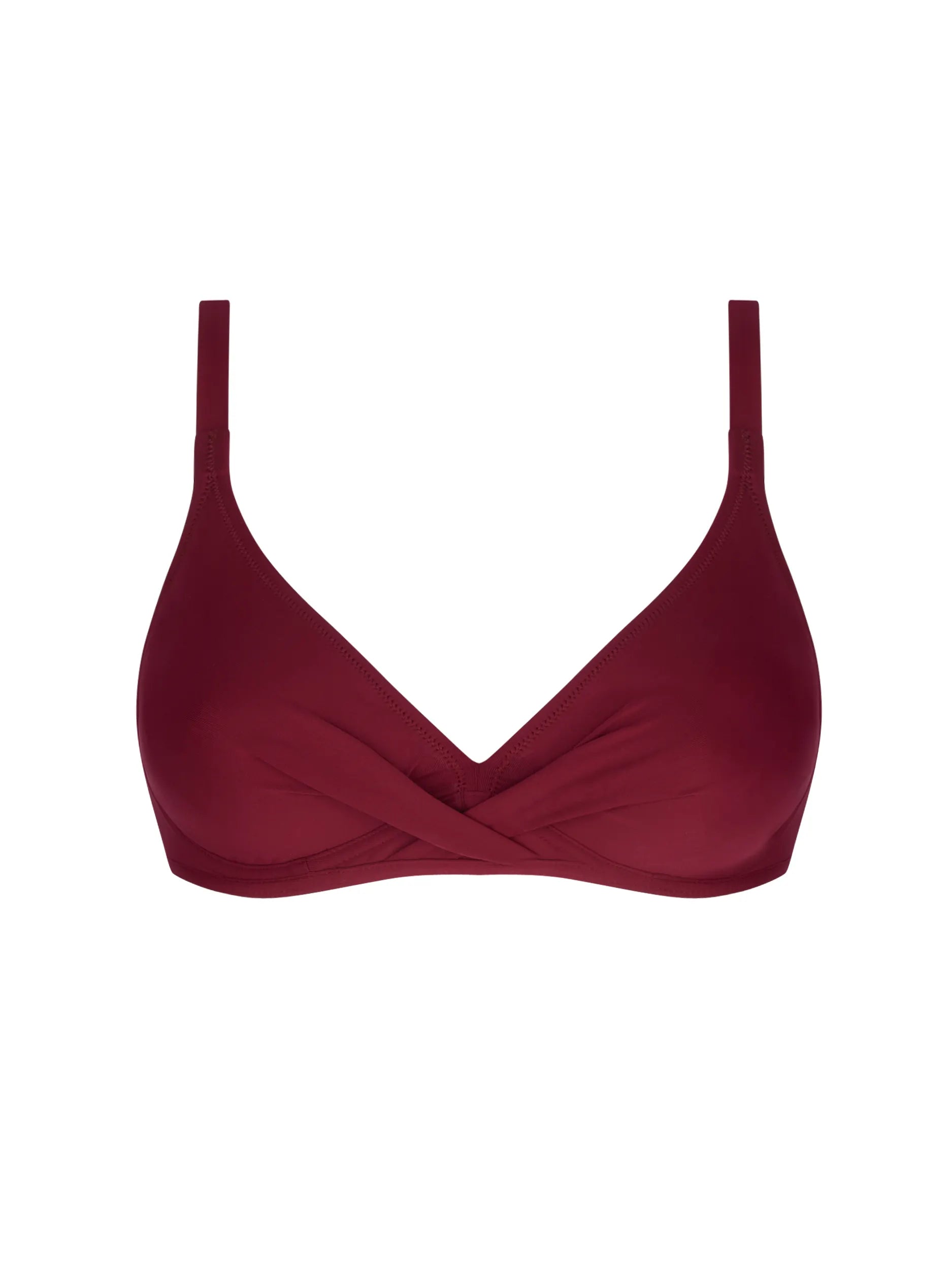 Cross front bikini top with underwire support and a clasp back in burgundy