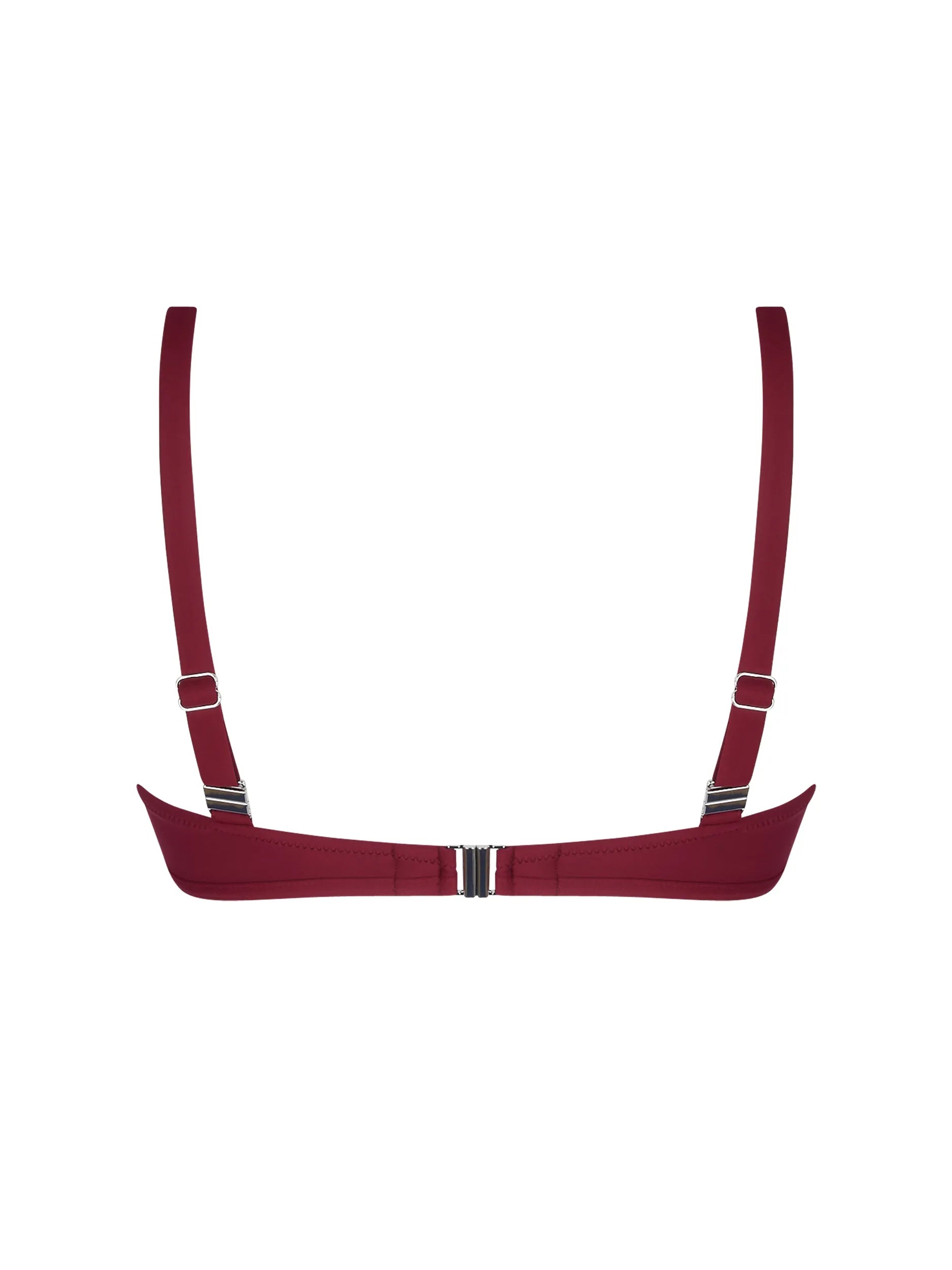 Cross front bikini top with underwire support and a clasp back in burgundy