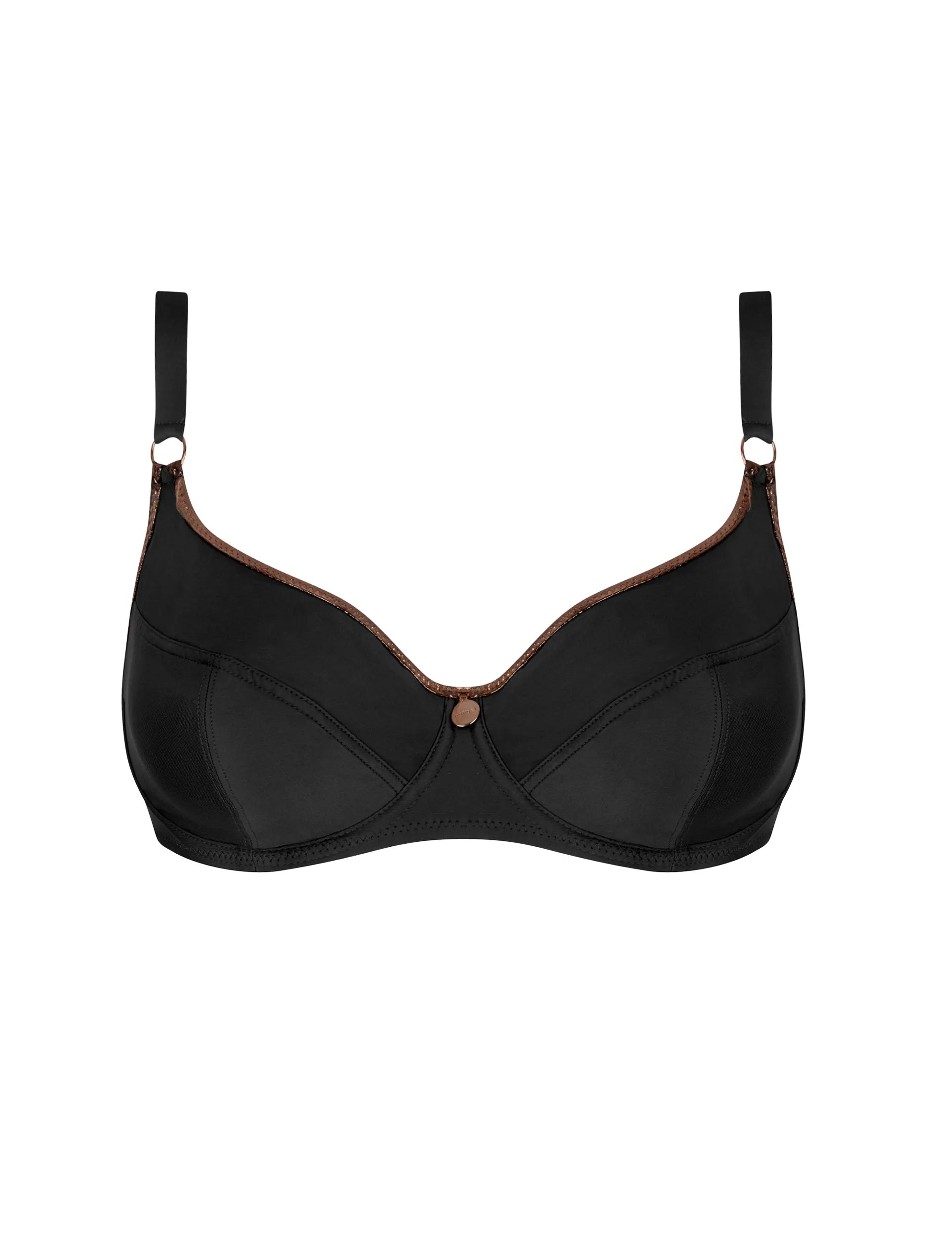 Black underwire bikini top with bronze trim