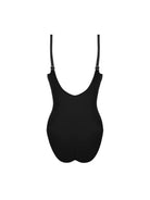 Scoop neck one piece with underwire and criss crossing straps across the front. Available in Black.