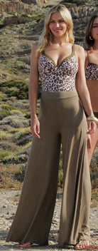 Padded one piece with plunging neckline in leopard print