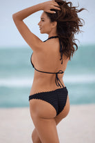 Hand crocheted plunging halter bikini top in black