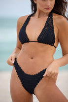Hand crocheted plunging halter bikini top in black