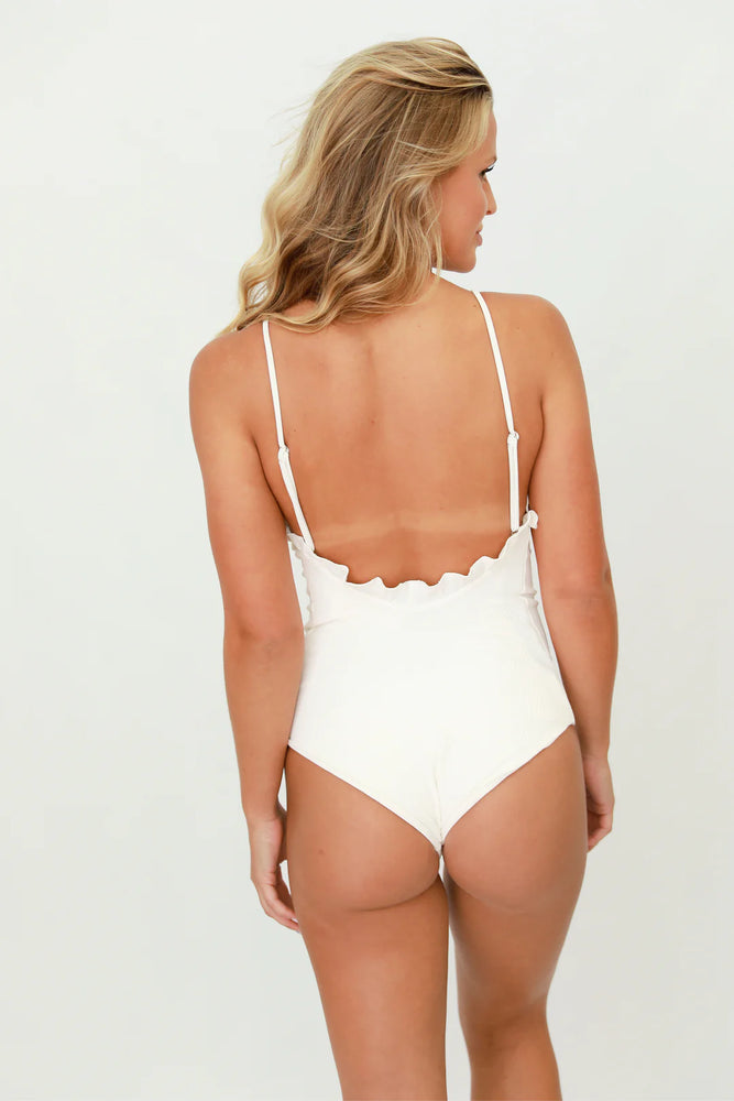 
                  
                    White Ribbed Ruffled One Piece
                  
                
