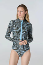 Blue zebra print long sleeve one piece with front zipper