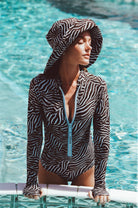 Blue zebra print long sleeve one piece with front zipper