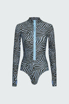 Blue zebra print long sleeve one piece with front zipper