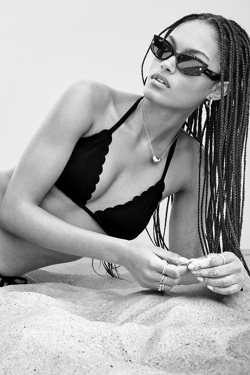 Adjustable black triangle top with scalloped detail