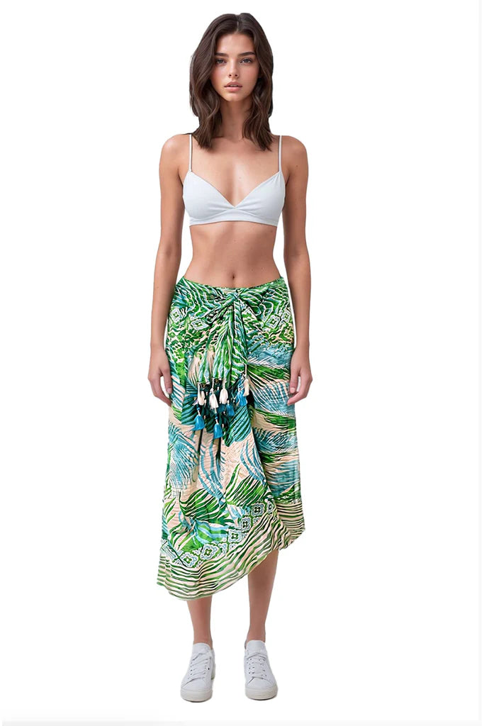 Lurex accented sarong with tassels in leafy green print