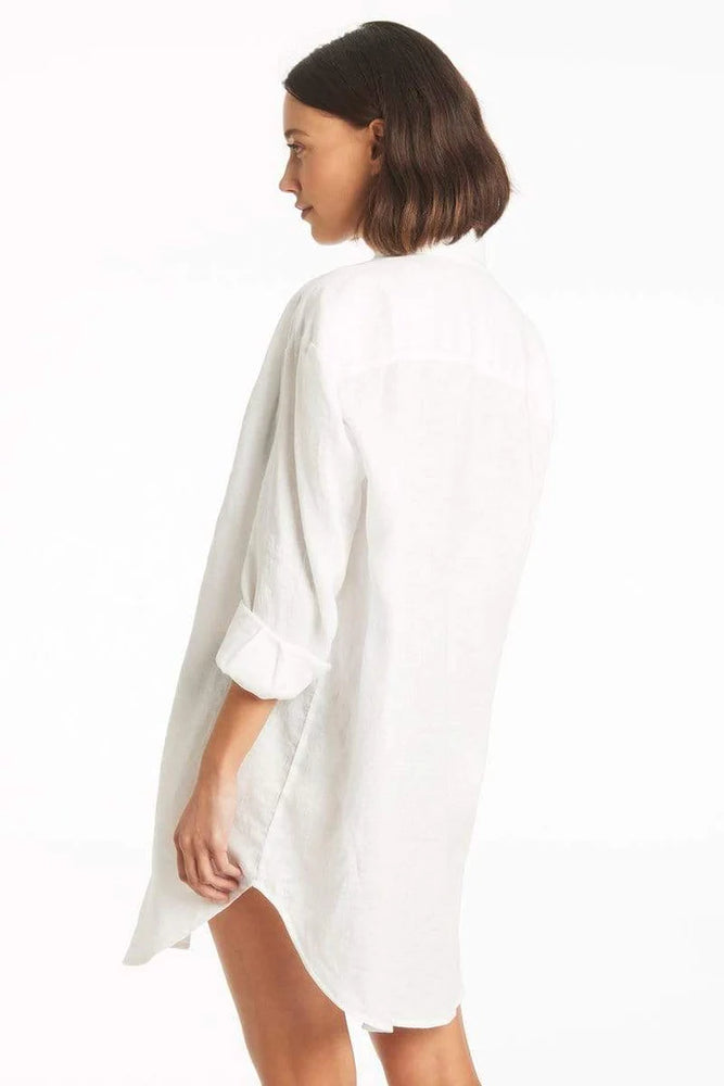 
                  
                    White Linen Button Down Coverup Shirt
                  
                