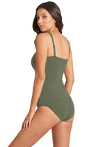 Twist front tankini top with soft cup support in dark green