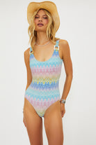 Shimmery scoop neck one piece with square shaped ivory hardware in multicolor pastel print