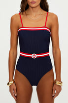 Strapless red, white, and blue one piece