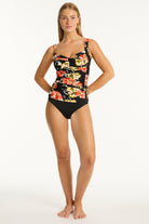 Twist front tankini top with padded cup support in multicolor print