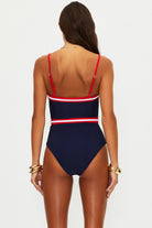 Strapless red, white, and blue one piece