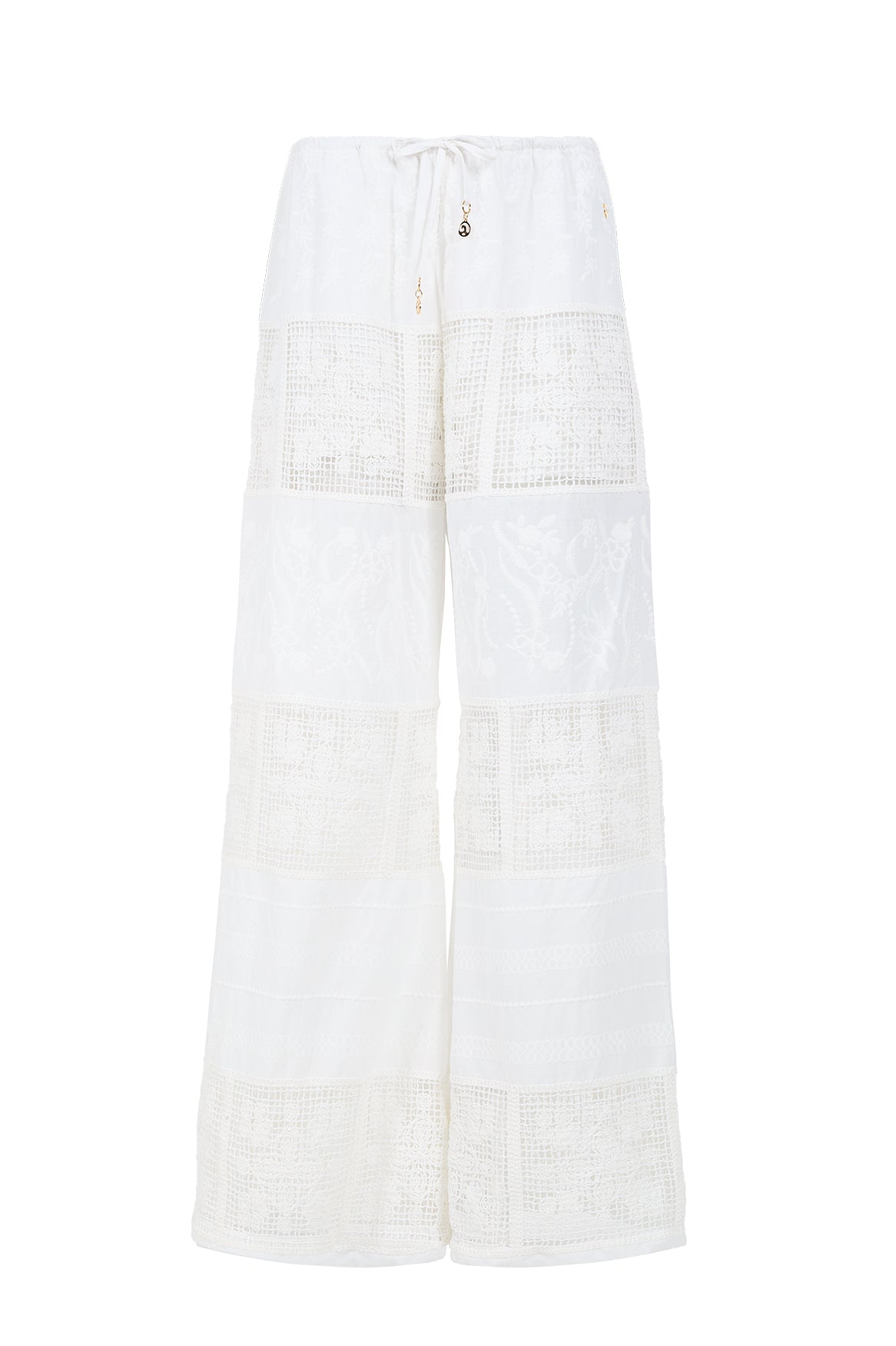 White lace pants with elastic waistband and drawstring