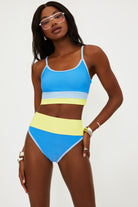 High waisted bottom in ribbed fabric with blue and yellow color blocking