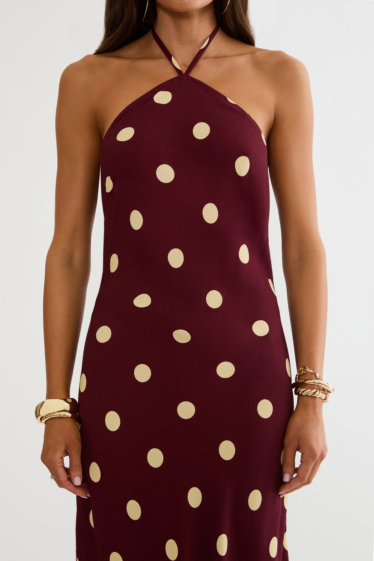 Maxi dress with halter neckline and open back in polka dot print