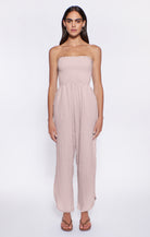 Strapless cotton jumpsuit in Latte Iris