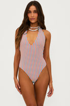 Halter one piece with plunging neckline in multicolor stripe