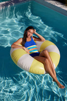 Sporty scoop neck top with ribbed fabric in blue and yellow color block