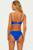 Ribbed bandeau with clasp on the back and removable straps in blue and yellow