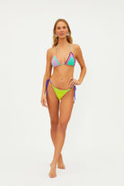 Crochet tie side bottom in yellow with purple strings and  multicolor borders