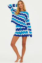 Open knit shorts with drawstring and elastic waistband in blue and turquoise wavy stripes
