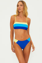 Ribbed bandeau with clasp on the back and removable straps in blue and yellow