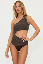 One shoulder asymmetrical one piece with side cutout in brown