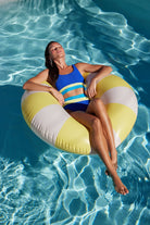 Sporty scoop neck top with ribbed fabric in blue and yellow color block