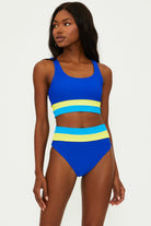 Sporty scoop neck top with ribbed fabric in blue and yellow color block