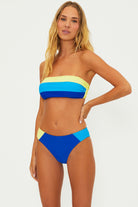 Ribbed bandeau with clasp on the back and removable straps in blue and yellow