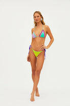 Crochet tie side bottom in yellow with purple strings and  multicolor borders